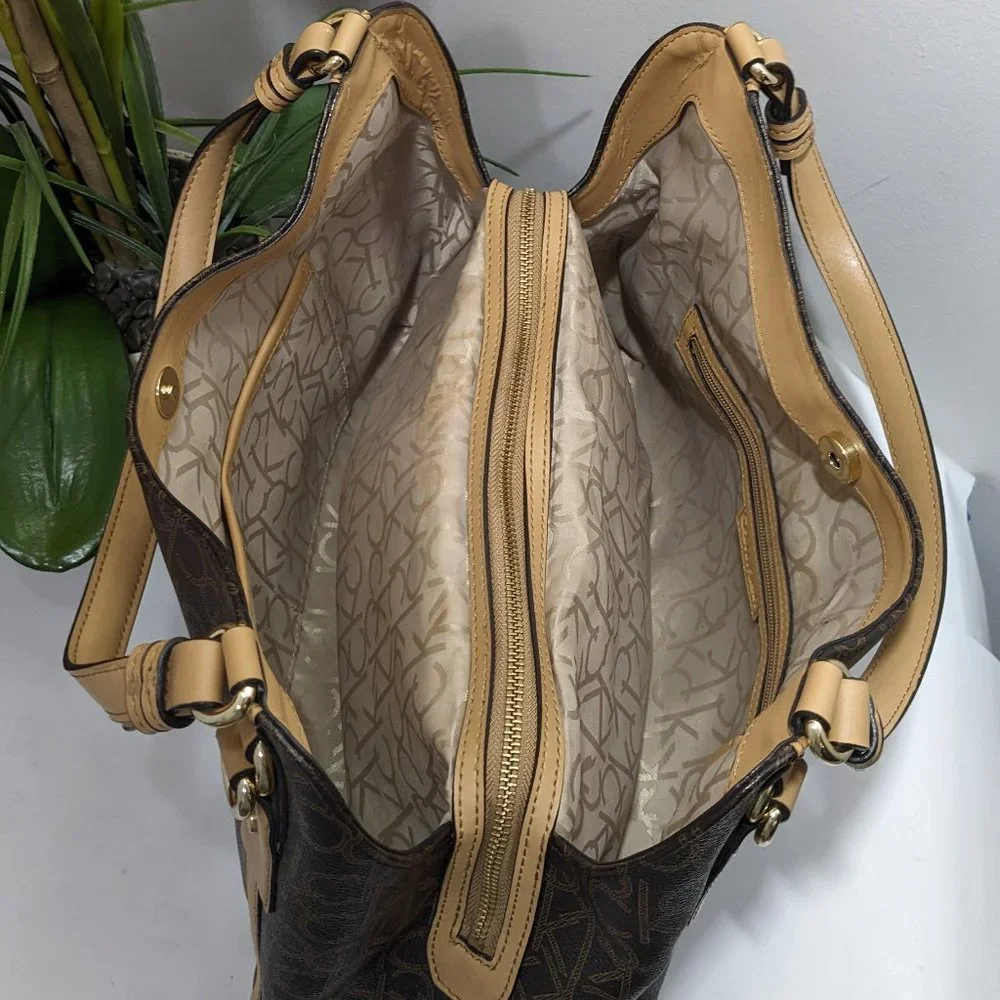 Calvin Klein Signature Tote Shoulder Bag Brown CK Monogram Print Brown Leather